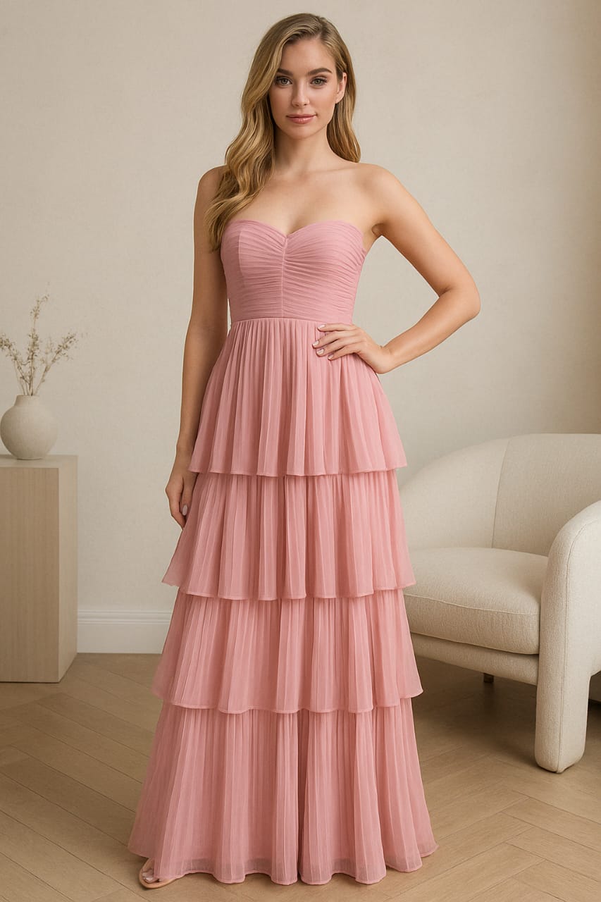 ROBE LONGUE BUSTIER A VOLANTS PLISSES